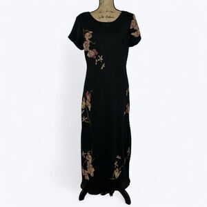 Premier International Black Floral Maxi Dress Sz 12 Fairy 90s Church Event
